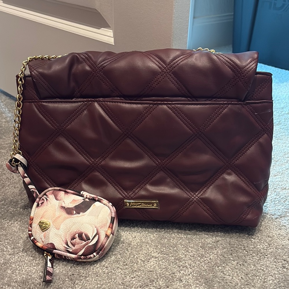 Quilted Burgundy Shoulder Bag with Floral Pouch